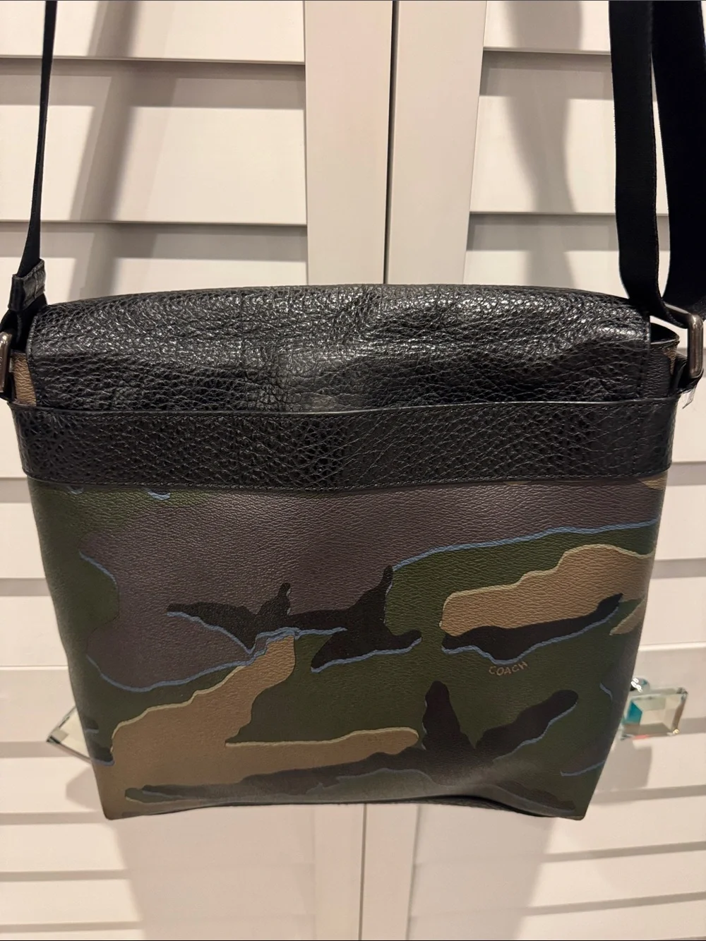Coach Black Pebbled Leather Messenger Bag with Green Camo Panel